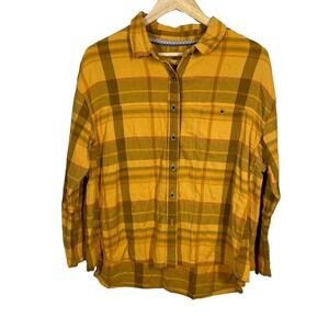 PrAna Mustard Yellow Plaid Fillary Button Up Top Women's Size L Long Sleeve